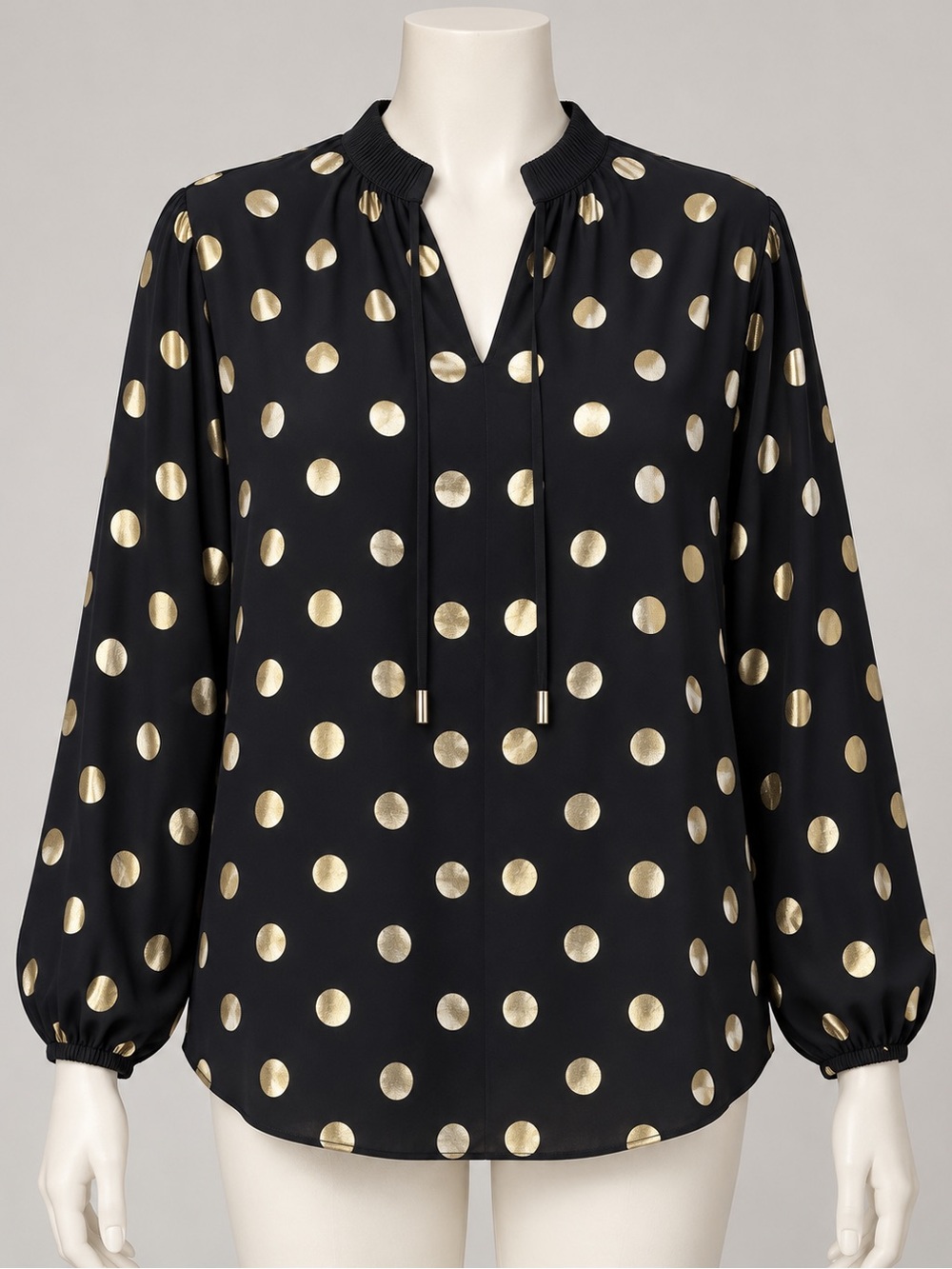 Anne Klein Black Blouse with Metallic Gold Polka Dots and Tie Neck